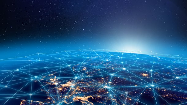 A male hand reaches for an eye in cyberspace.