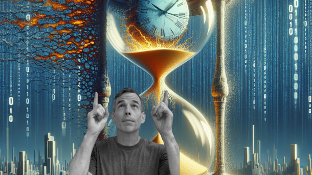 Halber Mensch vor einer Sanduhr mit Uhr darin