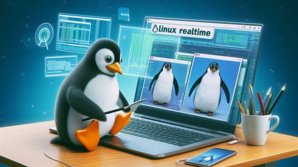 Penguin sits in front of a Linux laptop with many tasks, labeled "Linux realtime"