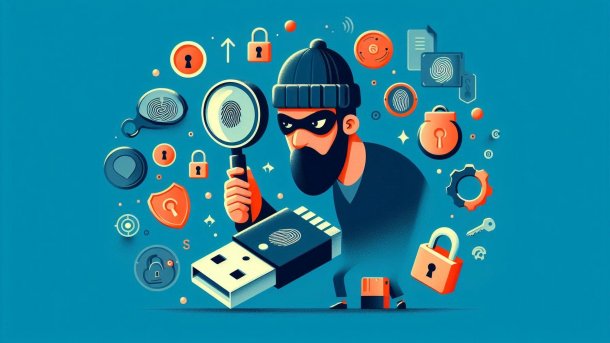 A criminal examines a USB dongle with security symbols all around it