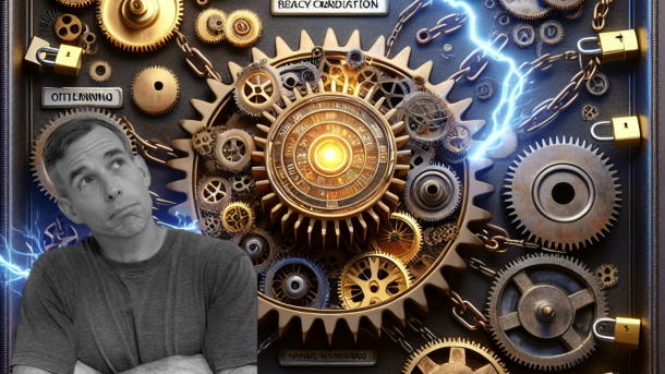 Halber Mensch vor Zahnrädern und Schlössern