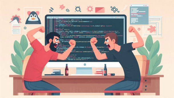 Two developers argue with raised fists