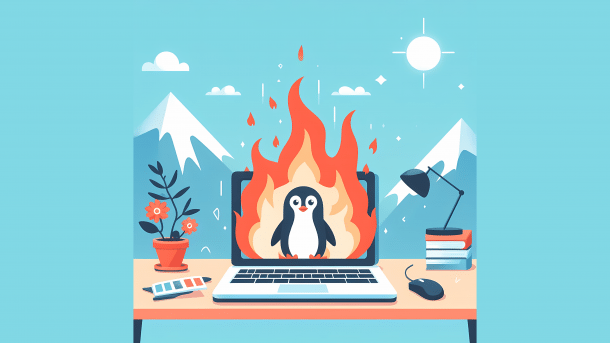 Stylized image: Laptop shows burning penguin