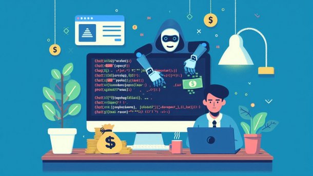 Programmer in front of the computer, AI bot behind monitor with wallet