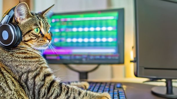 Cat with headphones on computer