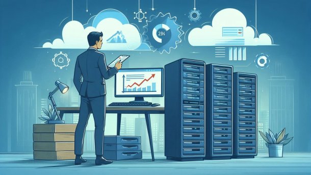 IT-Verwalter steht vor Severn und Computern und überwacht die Performance