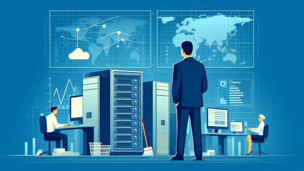 IT administrator stands in front of servers and computers and monitors performance