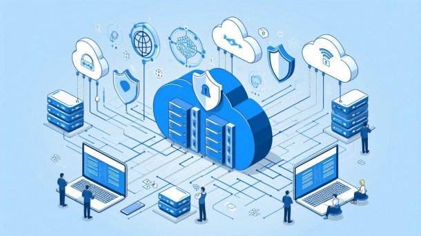 Server in the center, connections to surrounding clients, encryption symbols