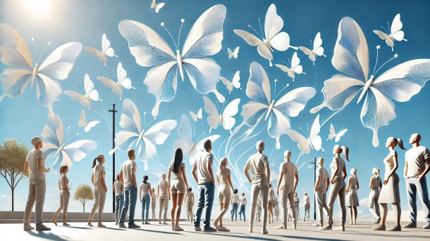 People looking at white butterflies in the blue sky