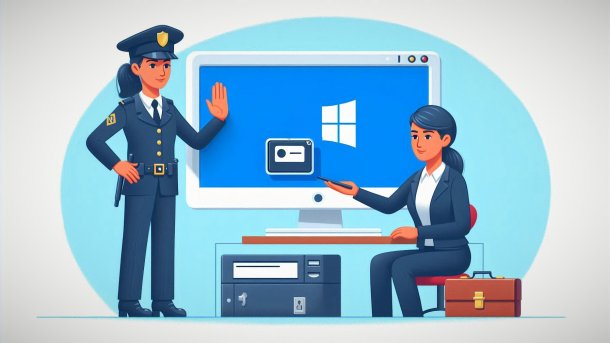 Person vor Computer will Aktion ausführen, Sicherheitspersonal stoppt sie jedoch und überprüft sie erst