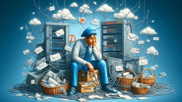 Server in the middle, mails and letters flying around, workers are haphazard