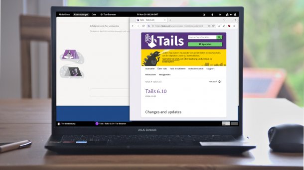Tails-6.10-Desktop auf Notebook auf Tisch
