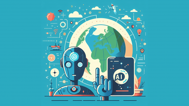 Artificial intelligence: robot with clipboard in front of globe