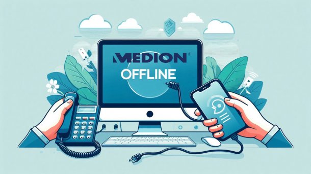 Medion logo on screen, computer and phone are offline, cable disconnected