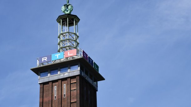 Top of the trade fair tower in Cologne-Deutz with the logo of the RTL broadcasting group.
