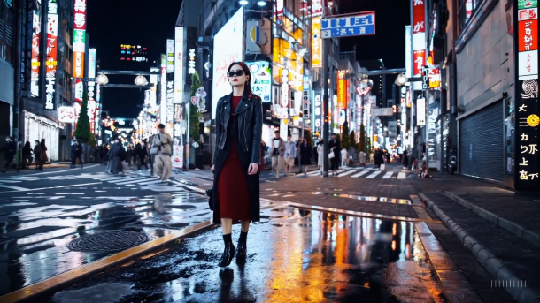 Videoszene: Frau in rotem Kleid und Lederjacke mit Sonnenbrille geht auf einer Straße in Tokio