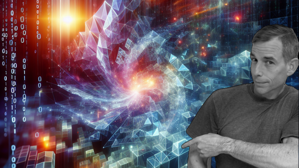 Man points to spiral of geometric bodies