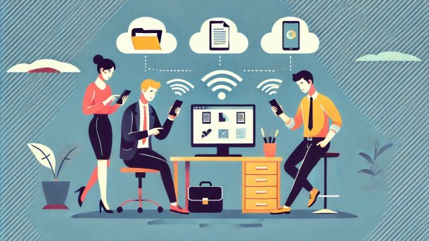 Menschen teilen Dateien zwischen Smartphones und Computer