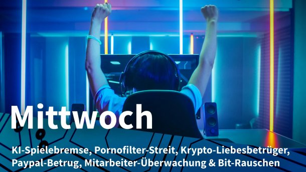 PC-Spieler vor Monitor reckt Arme hoch; Mittwoch: KI-Spielebremse, Pornofilter-Streit, Krypto-Liebesbetrüger, Paypal-Betrug, Mitarbeiter-Überwachung & Bit-Rauschen