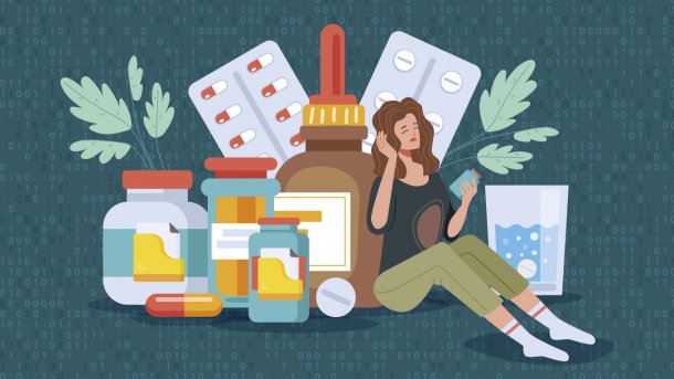 Frau sitzt zwischen übergroßen Medikamentenverpackungen