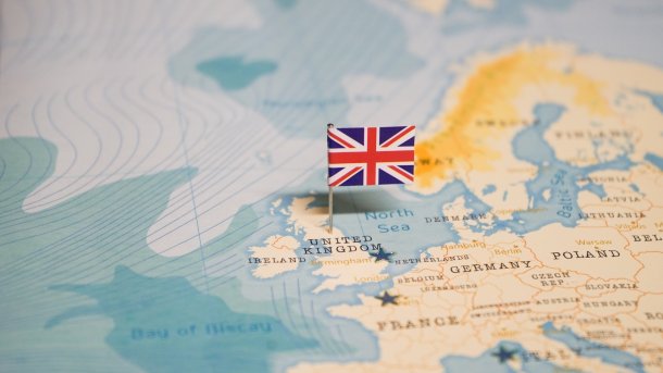 Flag of Great Britain on a map of Europe