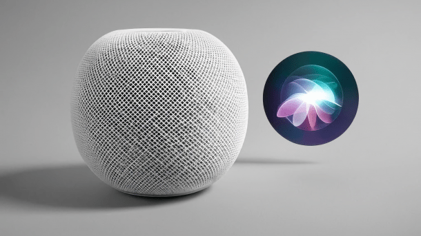 Zeichnung eines HomePod mit einem Siri-Logo daneben