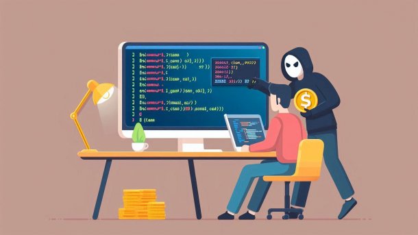 Programmierer vor dem Computer, Krimineller daneben zeigt mit Krypto-Coin in der Hand auf Codeschnippsel