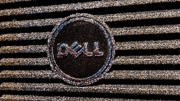 Dell logo on computer tower, alienated and golden