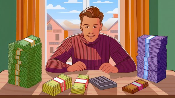 Mann, der mit Taschenrechner an einem Tisch voller Geld sitzt