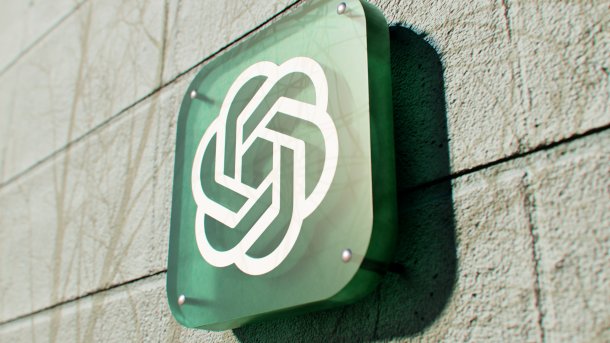 The OpenAI logo on the facade of the office building in San Francisco.