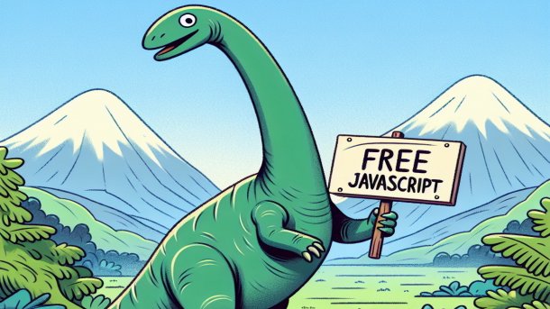 Dinosaur holding a sign with the inscription "Free Javascript"