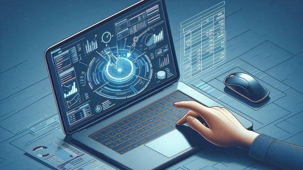 Visualized data on a laptop, data on a spreadsheet next to the computer