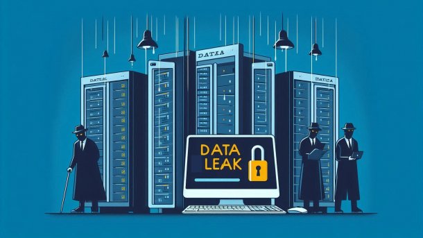 Computers in front of server cabinets with data leaks, surrounded by data thieves