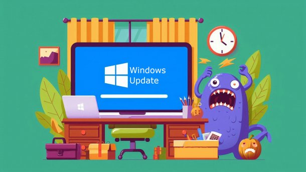 Ein Laptop zeigt Windows-Updates an, daneben steht ein verzweifeltes Monsterchen