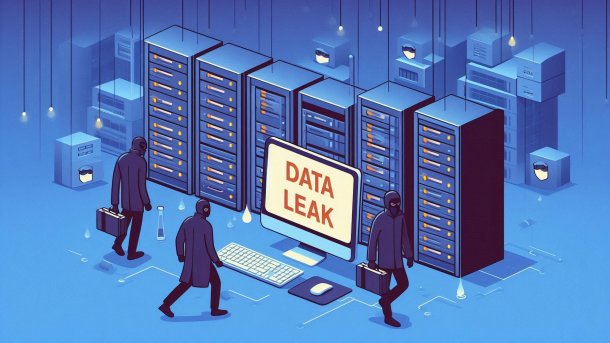 Computers in front of server cabinets with data leaks, surrounded by data thieves