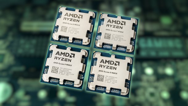 Four Ryzen processors in front of a blurred motherboard background