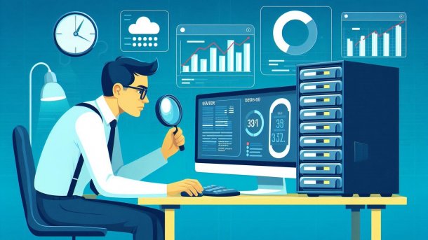 IT administrator sits in front of the server and monitors performance