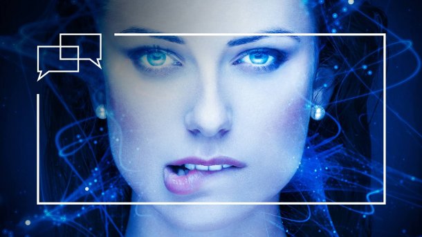 Futuristic, distorted depiction of the face of a beautiful woman with blue eyes, biting her lower lip.