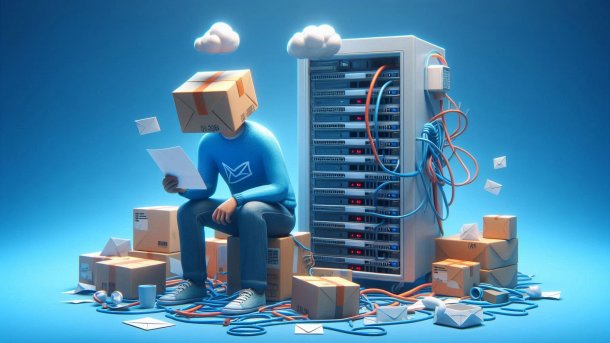 Server in the middle, mails and letters flying around, workers are haphazard