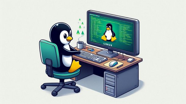 Pinguin sitzt vor einem Computer, der einen Pinguin und die Schrift "Linux" anzeigt