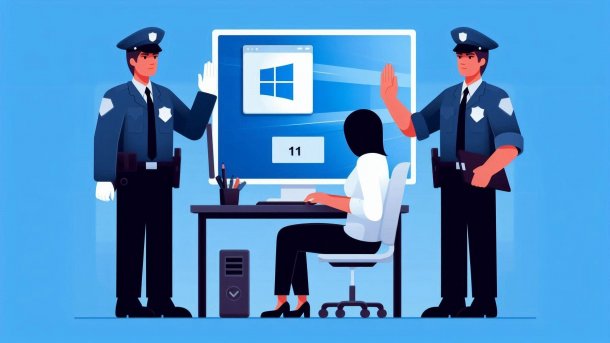 Person vor Computer will Aktion ausführen, Sicherheitspersonal stoppt sie jedoch und überprüft sie erst