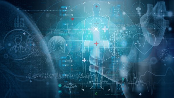 Symbole aus dem Gesundheitswesen rund um ein weißes Kreuz, das leuchtet 