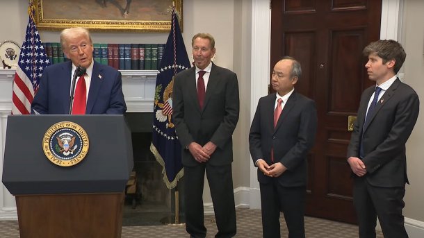 Donald Trump announces Project Stargate in the presence of Larry Ellison (Oracle), Masayoshi Son (SoftBank) and Sam Altman (OpenAI).