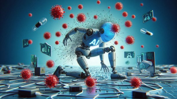 An AI robot goes down on its knees, is attacked by viruses and network packets
