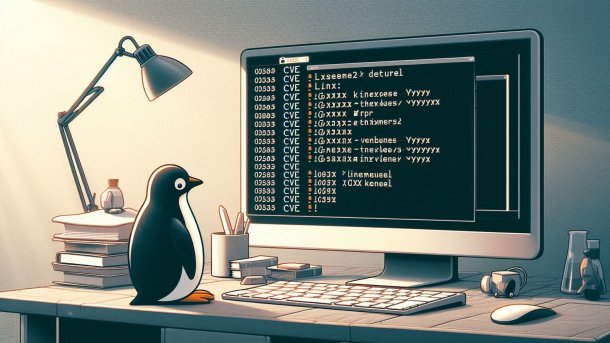 Laptop shows a CVE list, with some "Linux" lines and a penguin sitting in front of it