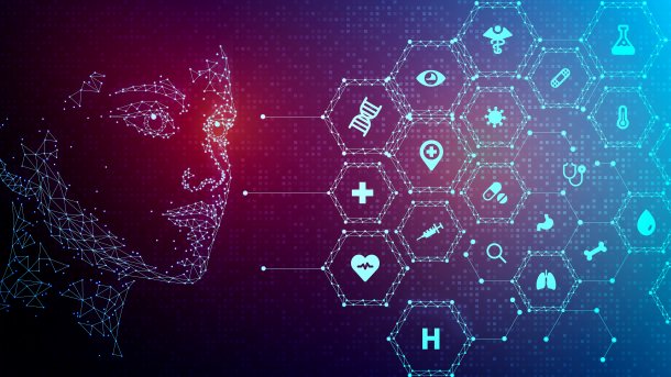 Kopf einer künstlichen Person mit verschiedenen Icons daneben, die mit dem Gesundheitsbereich zu tun haben.