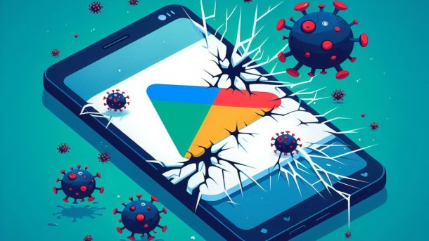 Stilisierte Grafik: zersplittertes Google Play Store Logo, aus dem Viren kommen