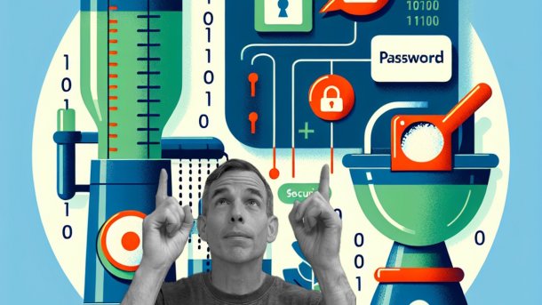 Mann zeigt nach oben auf Verschlüsselungsmaschine