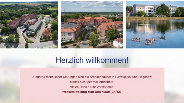 Website der Lup-Kliniken mit einem Hinweis auf eine technische Störung