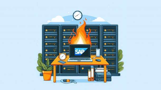 Stylized image: Laptop with SAP logo on fire, in front of server racks